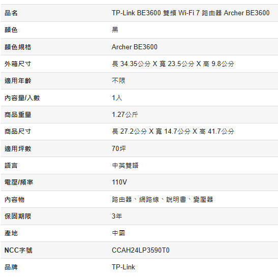 全新 TP-Link BE3600 雙頻 Wi-Fi 7 路由器 Archer BE3600 WiFi7 wifi 7-細節圖3