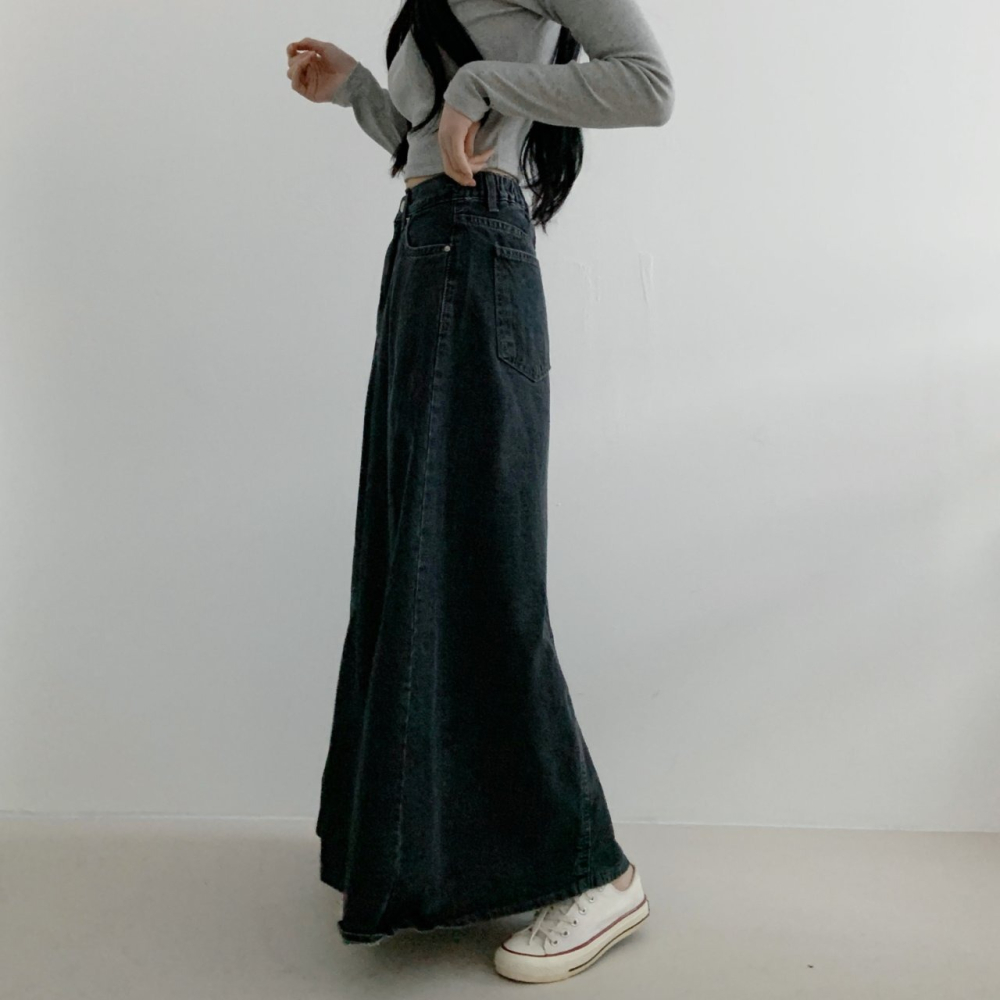 VENUSY｜ 韓國女裝｜復古寬帶牛仔長裙-細節圖3