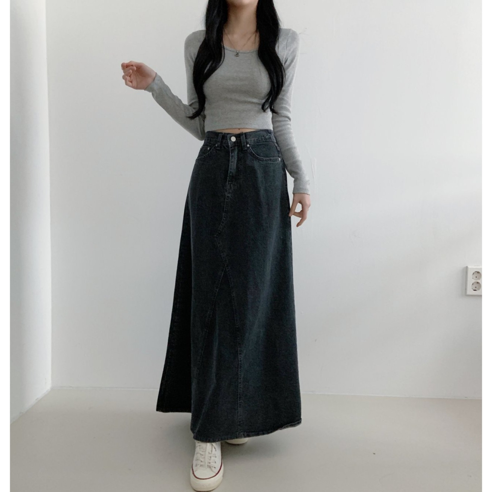 VENUSY｜ 韓國女裝｜復古寬帶牛仔長裙-細節圖5