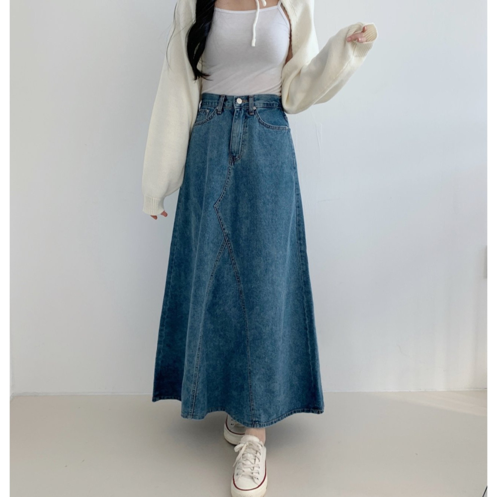 VENUSY｜ 韓國女裝｜復古寬帶牛仔長裙-細節圖8