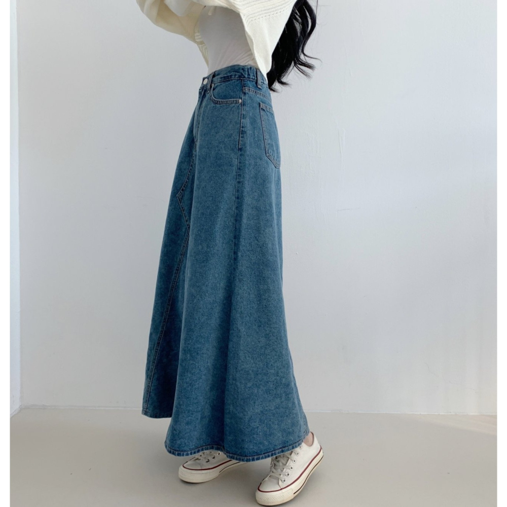 VENUSY｜ 韓國女裝｜復古寬帶牛仔長裙-細節圖9