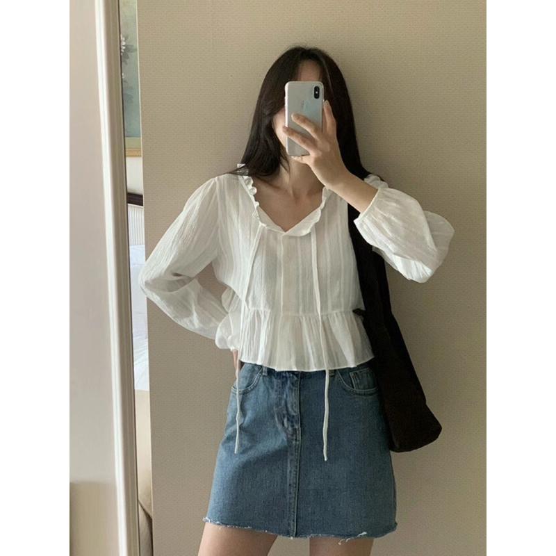 VENUSY｜ 韓國女裝｜褶邊泡泡袖棉質蕾絲短版襯衫 韓國襯衫-細節圖3
