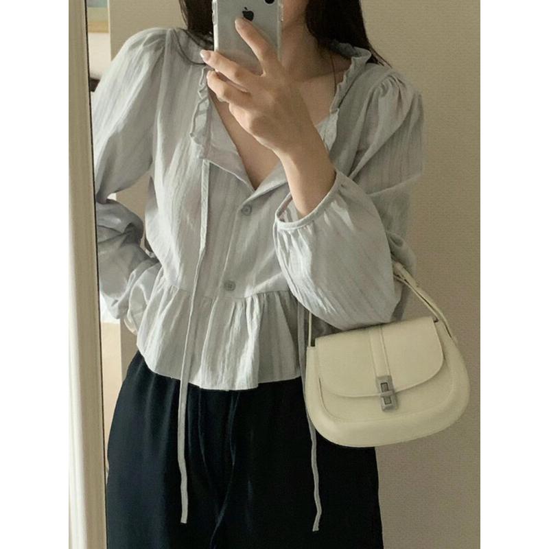 VENUSY｜ 韓國女裝｜褶邊泡泡袖棉質蕾絲短版襯衫 韓國襯衫-細節圖4