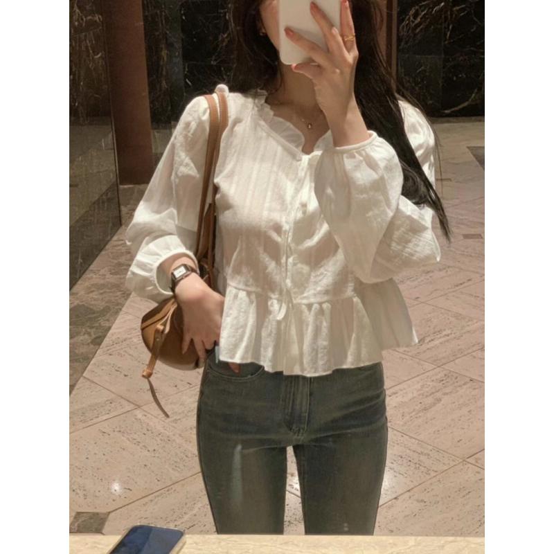 VENUSY｜ 韓國女裝｜褶邊泡泡袖棉質蕾絲短版襯衫 韓國襯衫-細節圖5