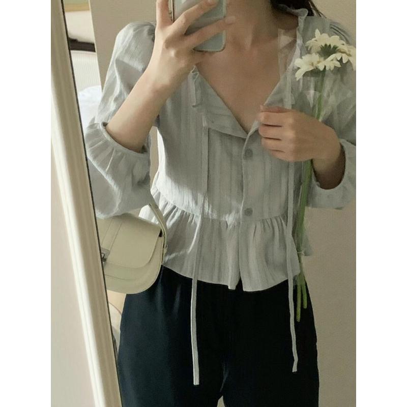 VENUSY｜ 韓國女裝｜褶邊泡泡袖棉質蕾絲短版襯衫 韓國襯衫-細節圖6