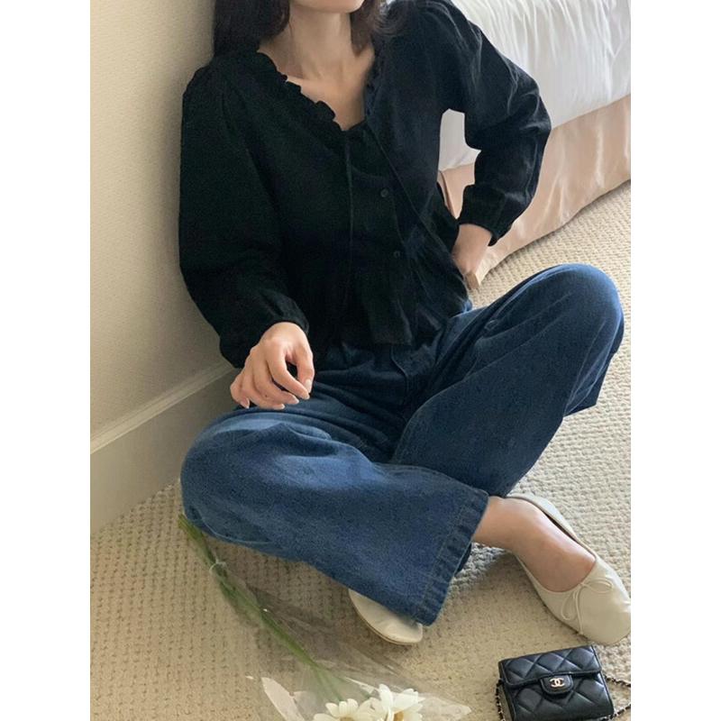 VENUSY｜ 韓國女裝｜褶邊泡泡袖棉質蕾絲短版襯衫 韓國襯衫-細節圖8