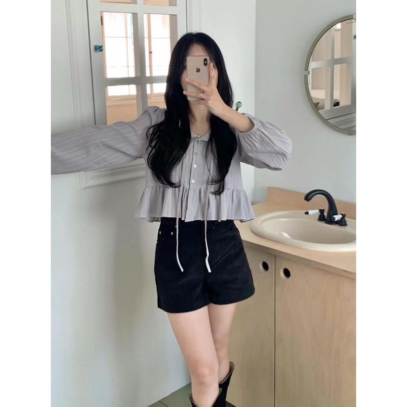 VENUSY｜ 韓國女裝｜褶邊泡泡袖棉質蕾絲短版襯衫 韓國襯衫-細節圖9