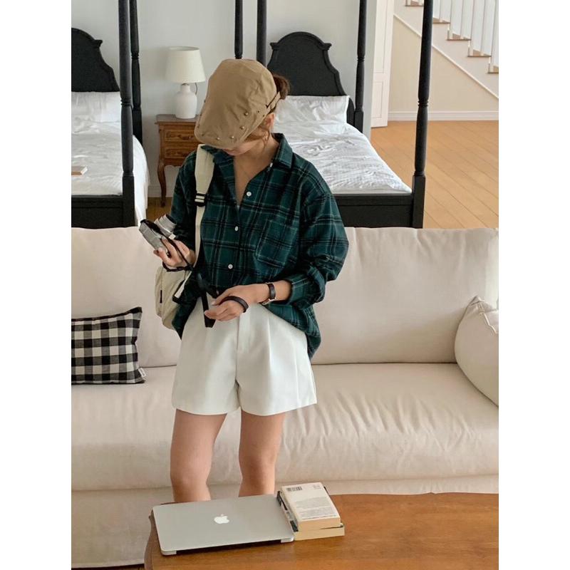 VENUSY｜ 百搭單品☻ 韓國女裝｜棉質寬鬆格子襯衫 韓國襯衫 前短後長-細節圖2