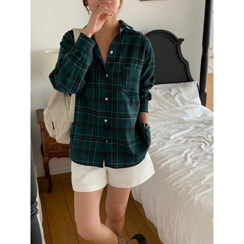 VENUSY｜ 百搭單品☻ 韓國女裝｜棉質寬鬆格子襯衫 韓國襯衫 前短後長-細節圖4