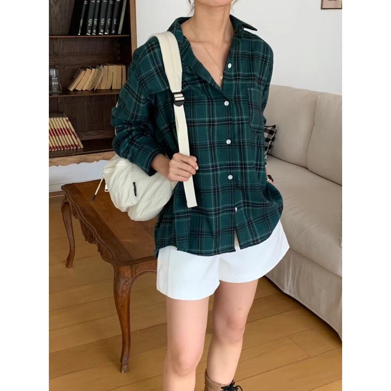 VENUSY｜ 百搭單品☻ 韓國女裝｜棉質寬鬆格子襯衫 韓國襯衫 前短後長-細節圖5