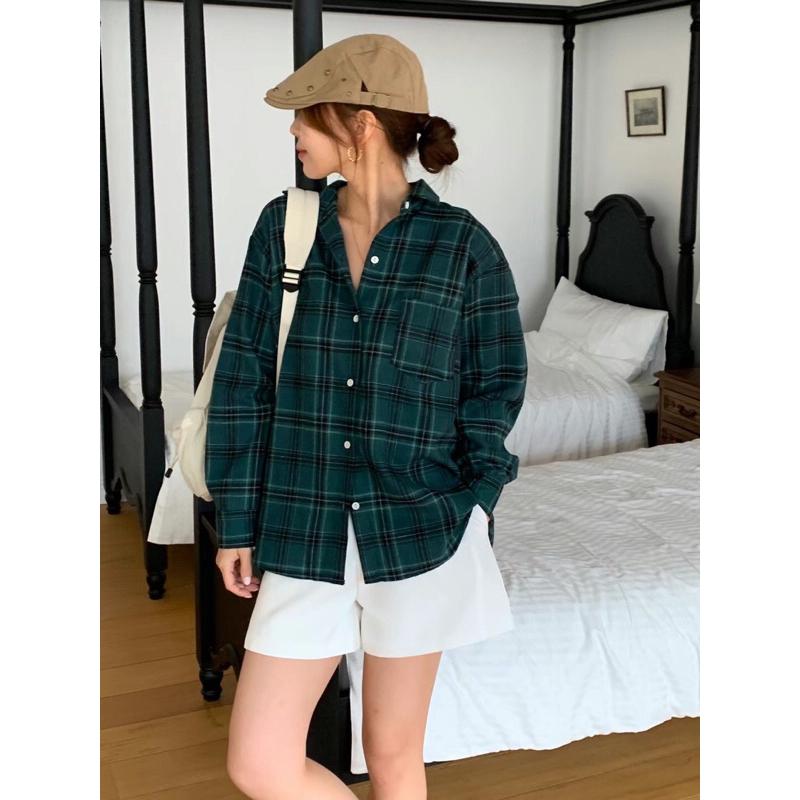 VENUSY｜ 百搭單品☻ 韓國女裝｜棉質寬鬆格子襯衫 韓國襯衫 前短後長-細節圖7