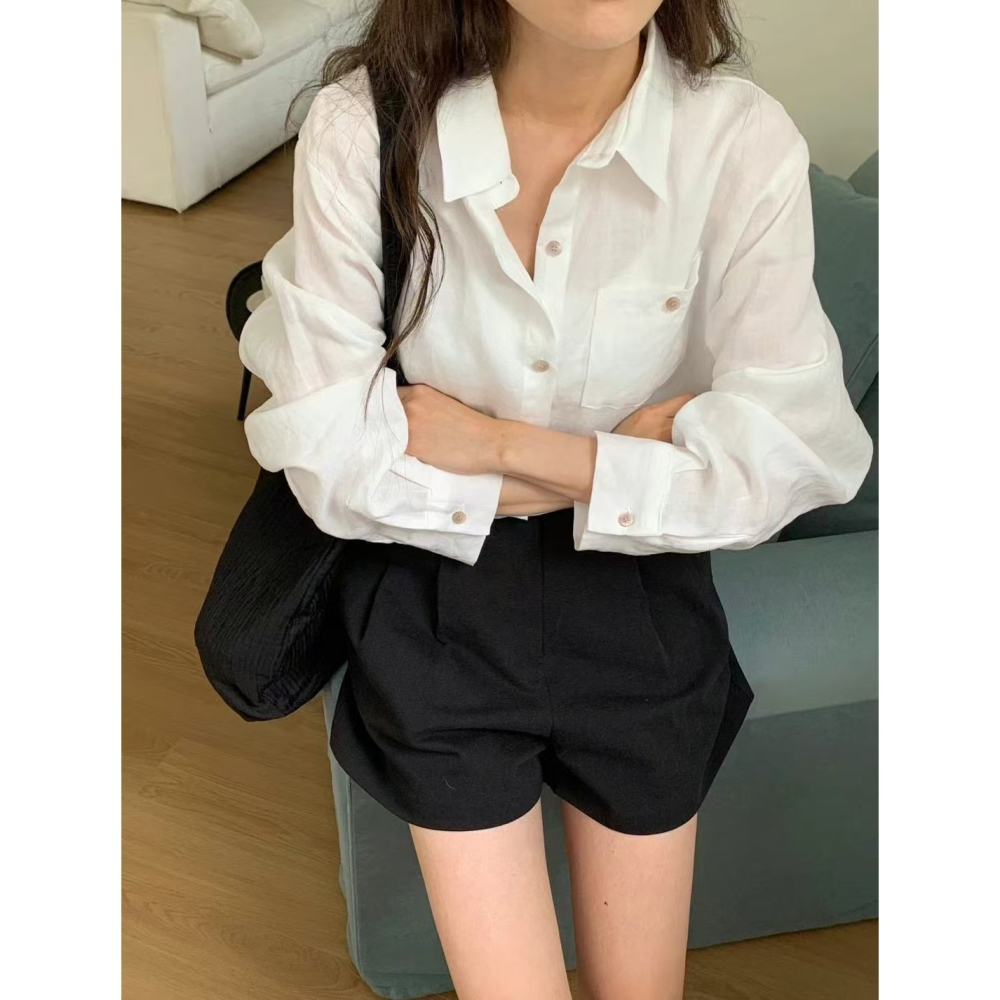 VENUSY｜ 韓國女裝｜純棉短版落肩襯衫 韓國襯衫-細節圖4