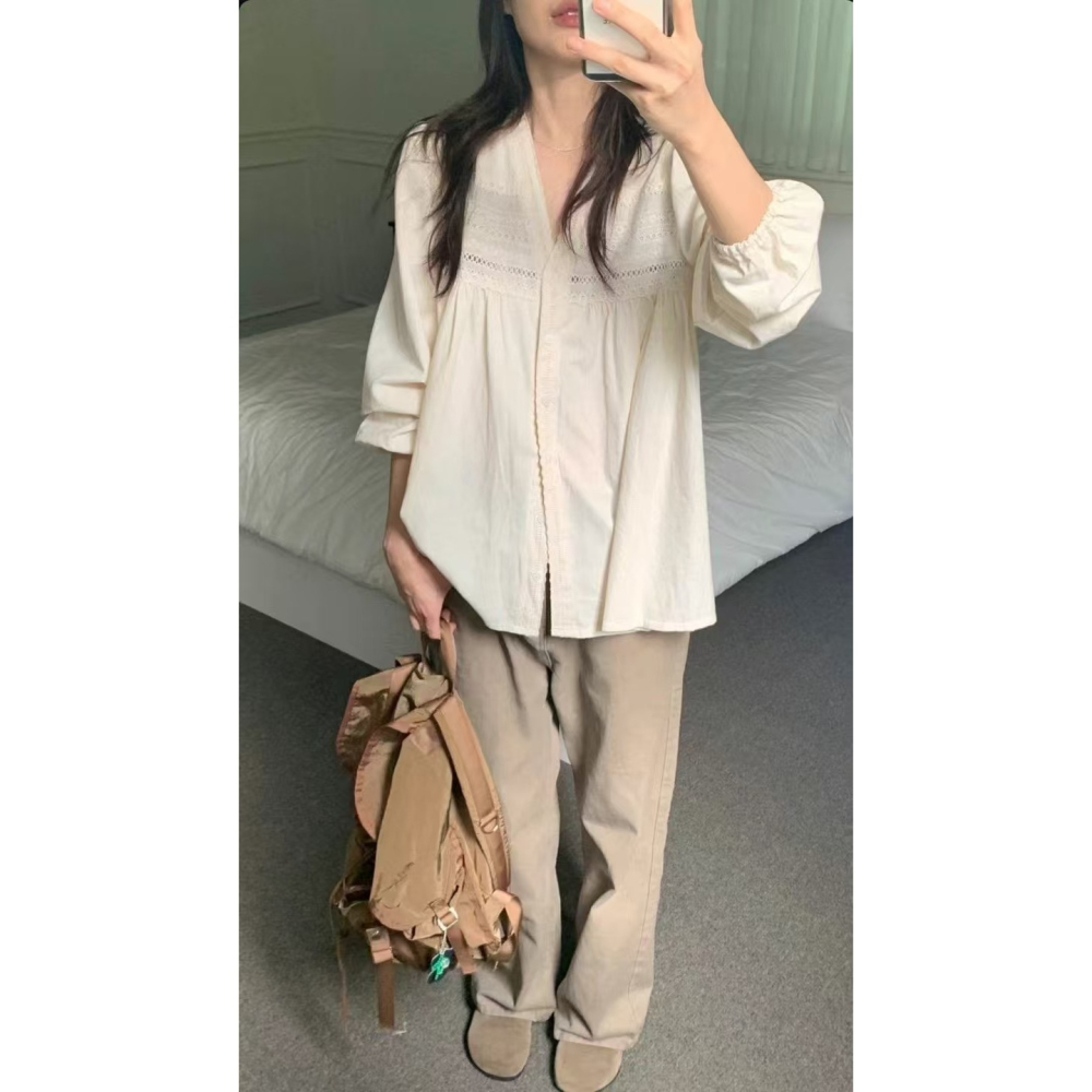 VENUSY｜ 清新氣質✔ 韓國女裝｜純棉小花邊領蕾絲襯衫 韓國襯衫-細節圖2