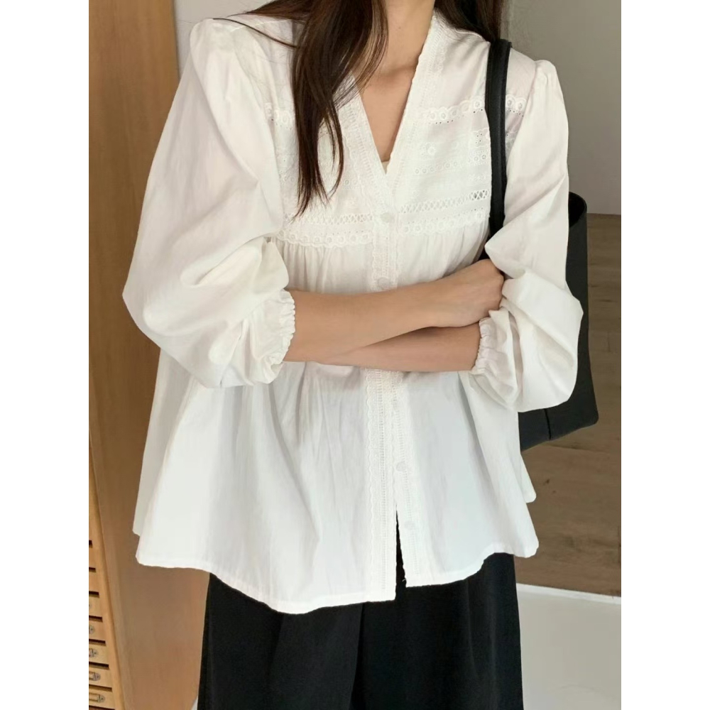 VENUSY｜ 清新氣質✔ 韓國女裝｜純棉小花邊領蕾絲襯衫 韓國襯衫-細節圖4