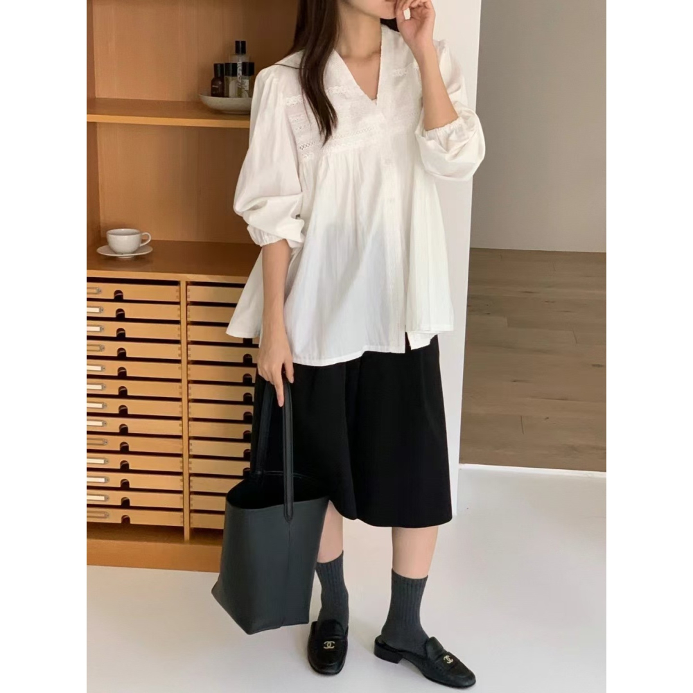 VENUSY｜ 清新氣質✔ 韓國女裝｜純棉小花邊領蕾絲襯衫 韓國襯衫-細節圖5