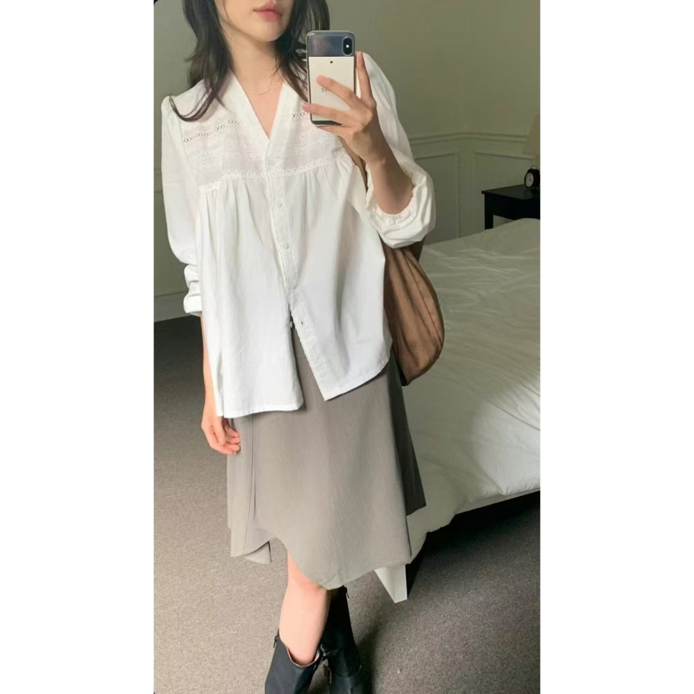 VENUSY｜ 清新氣質✔ 韓國女裝｜純棉小花邊領蕾絲襯衫 韓國襯衫-細節圖6