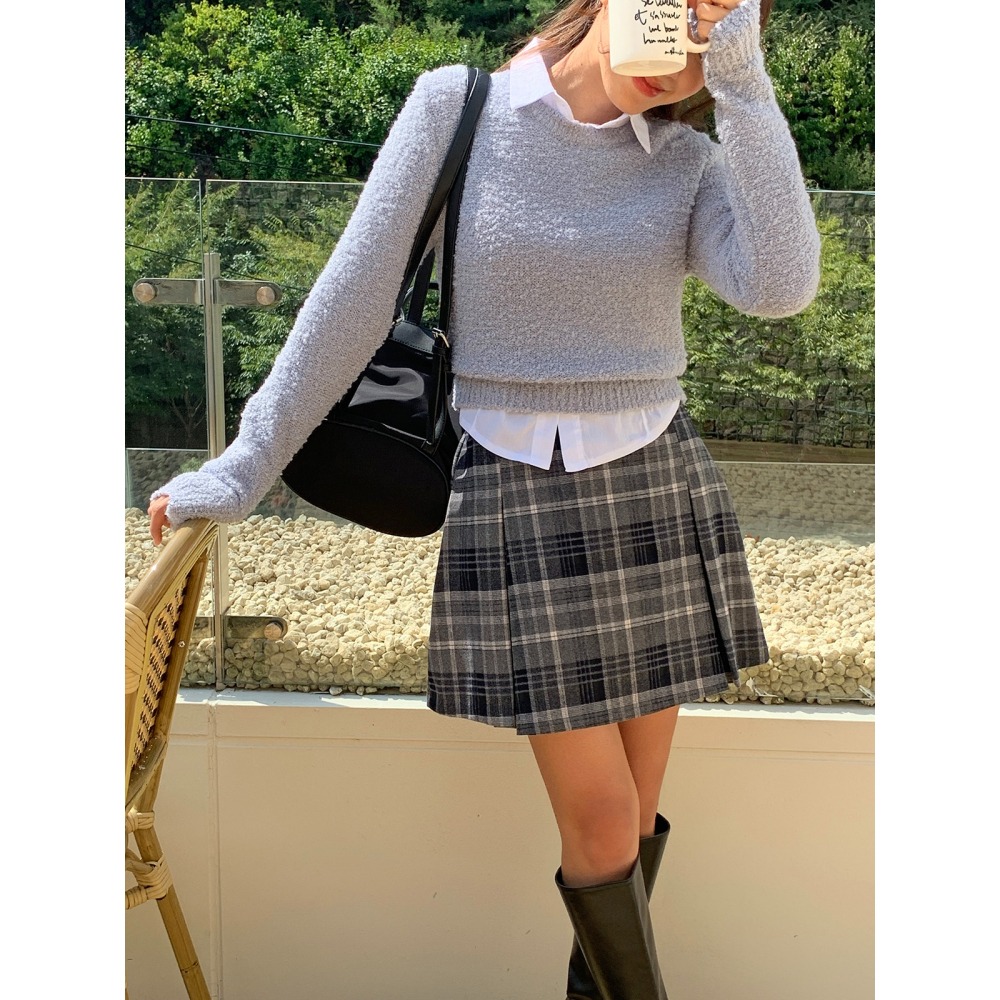 VENUSY｜ 秋冬新款❄ 韓國女裝｜格紋針摺短裙-細節圖3
