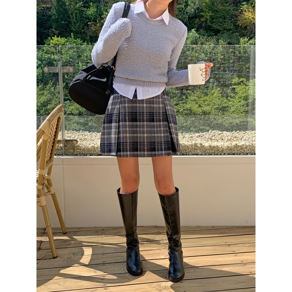 VENUSY｜ 秋冬新款❄ 韓國女裝｜格紋針摺短裙-細節圖4