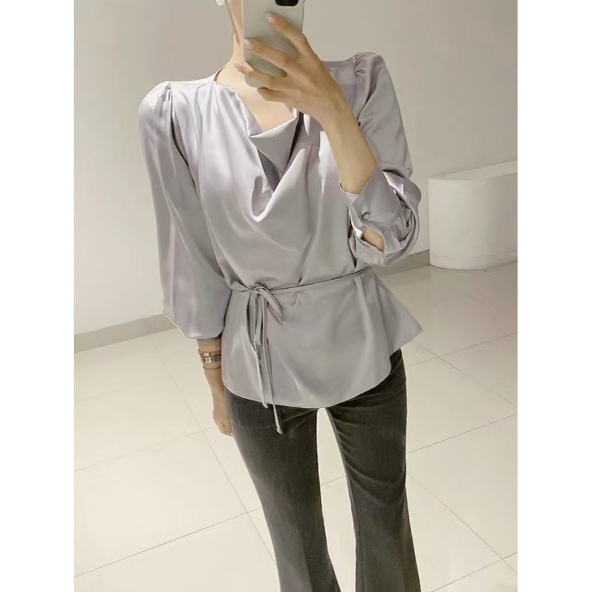 VENUSY｜ 真質感✔ 韓國女裝｜緞面垂墜感腰帶上衣 前短後長 婚禮-細節圖3