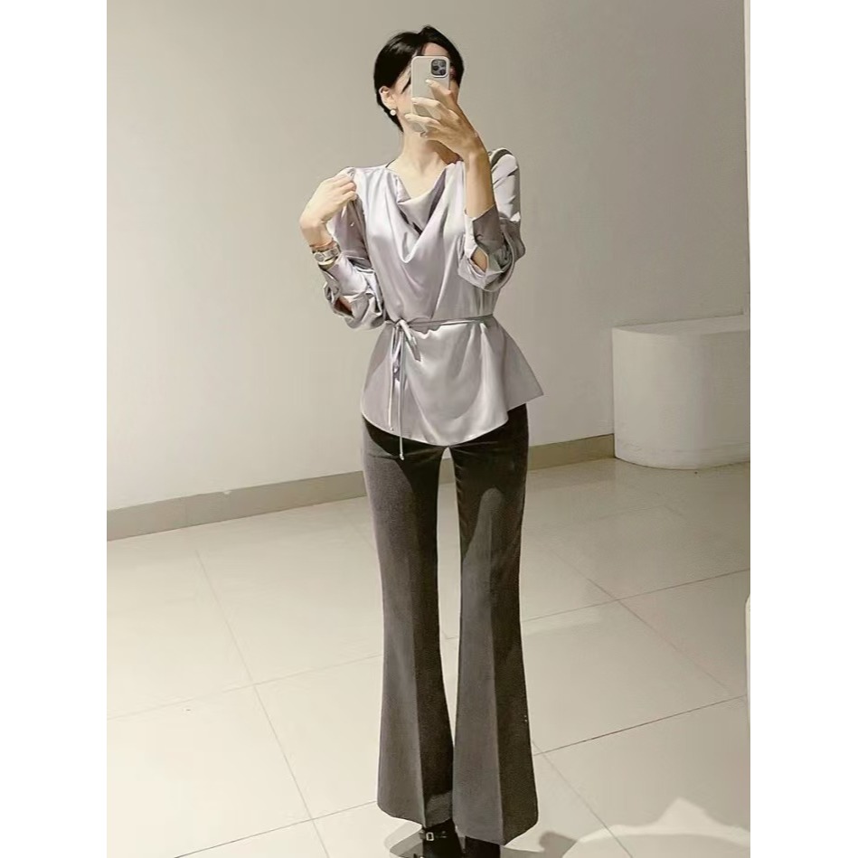 VENUSY｜ 真質感✔ 韓國女裝｜緞面垂墜感腰帶上衣 前短後長 婚禮-細節圖5