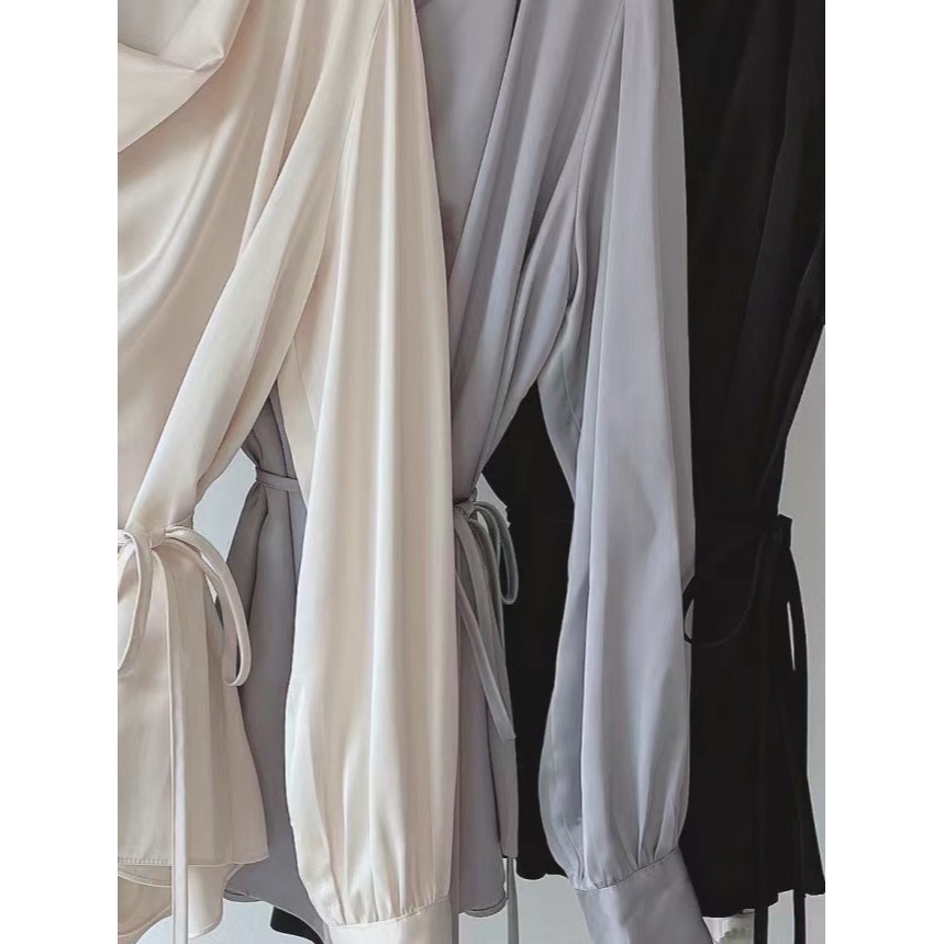 VENUSY｜ 真質感✔ 韓國女裝｜緞面垂墜感腰帶上衣 前短後長 婚禮-細節圖6