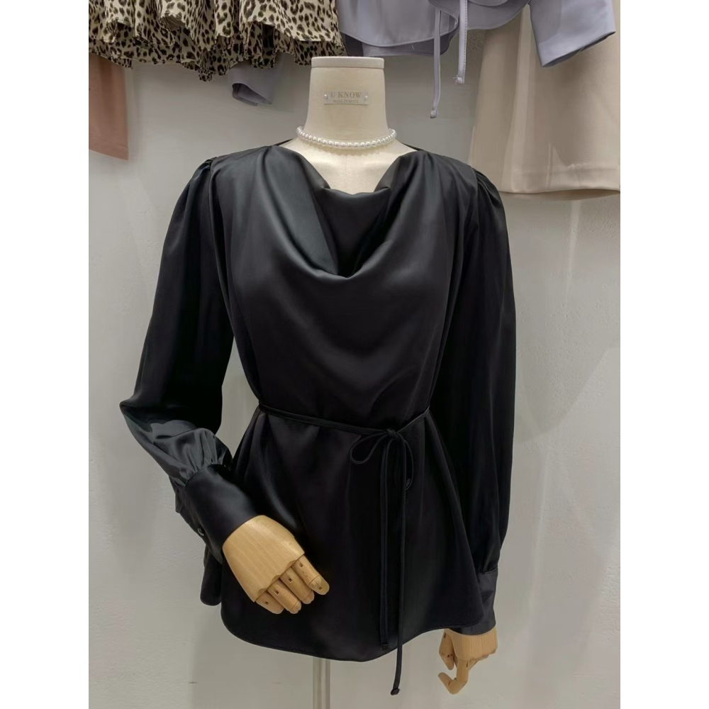 VENUSY｜ 真質感✔ 韓國女裝｜緞面垂墜感腰帶上衣 前短後長 婚禮-細節圖7