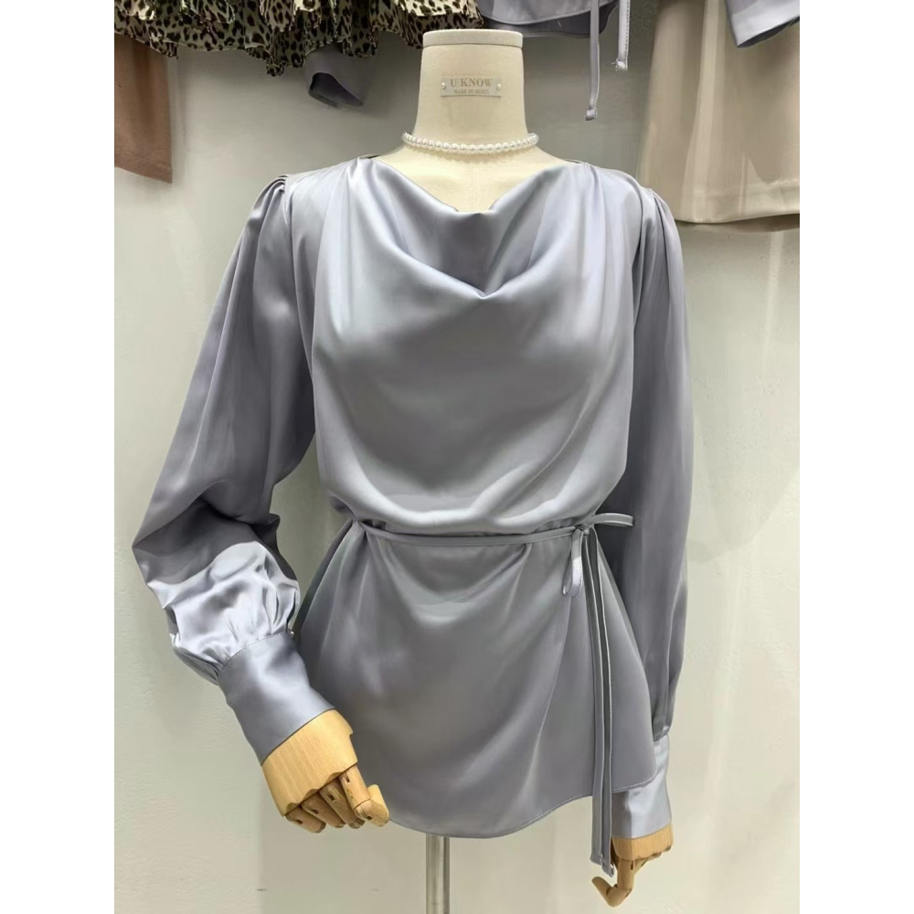VENUSY｜ 真質感✔ 韓國女裝｜緞面垂墜感腰帶上衣 前短後長 婚禮-細節圖8