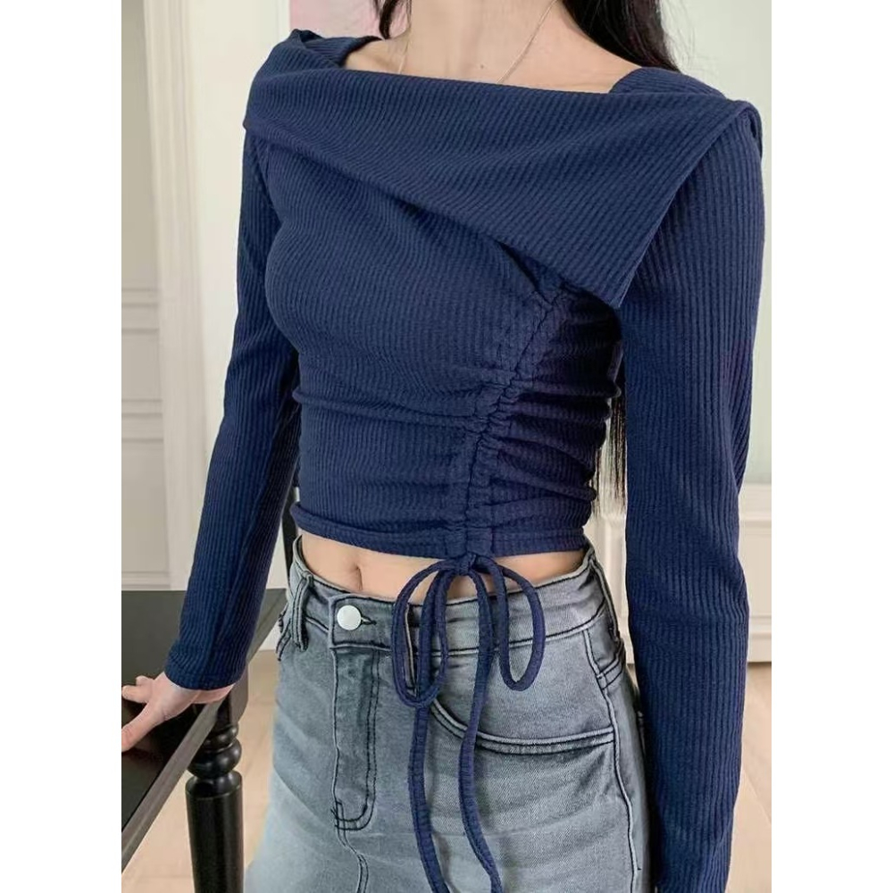 VENUSY｜ 韓國女裝｜抽繩修身船型領針織上衣-細節圖4