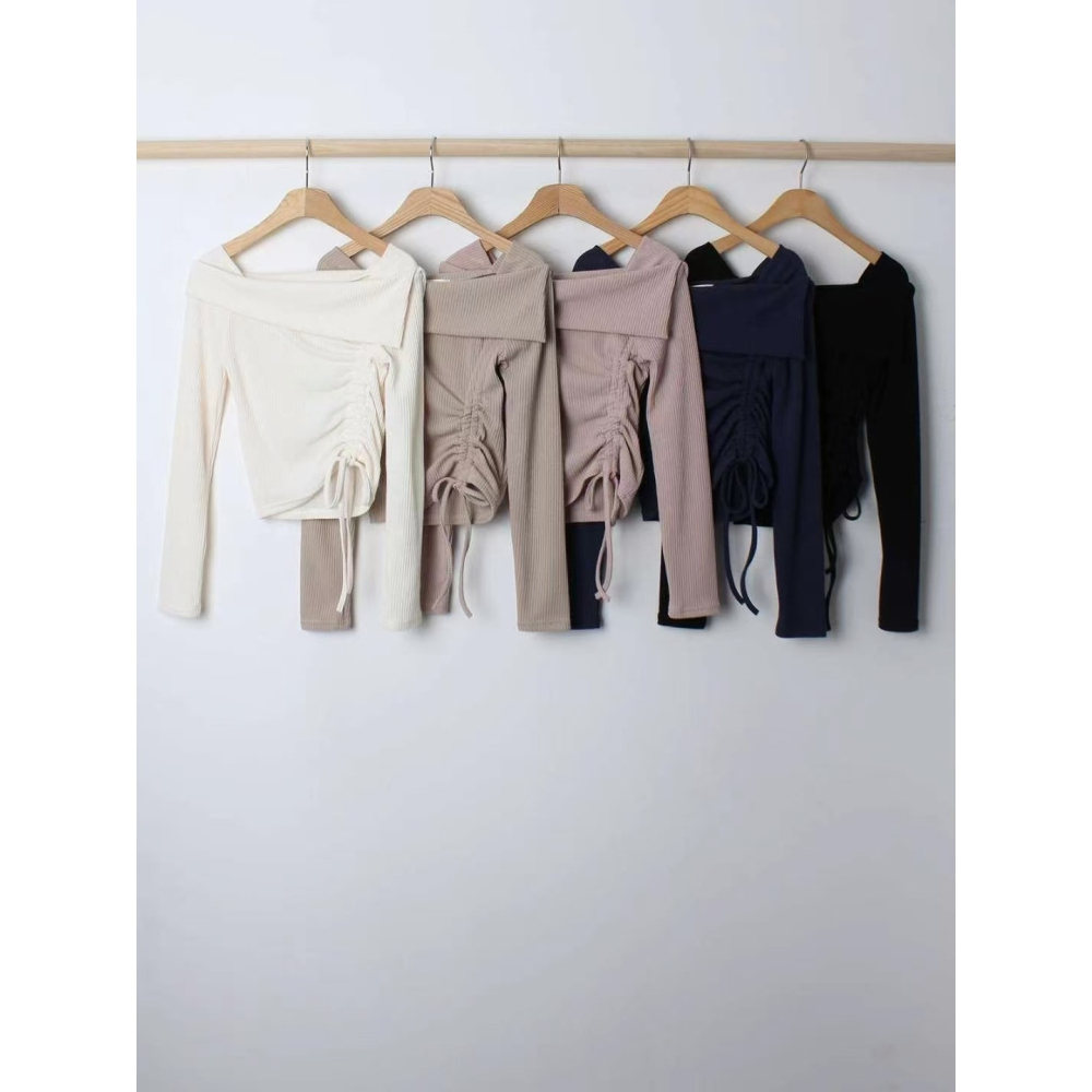 VENUSY｜ 韓國女裝｜抽繩修身船型領針織上衣-細節圖9