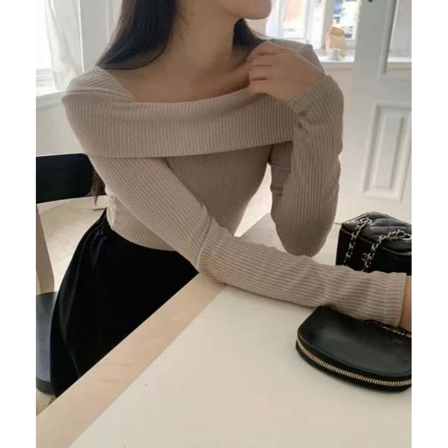 VENUSY｜ 韓國女裝｜螺紋針織船領修身上衣-細節圖2