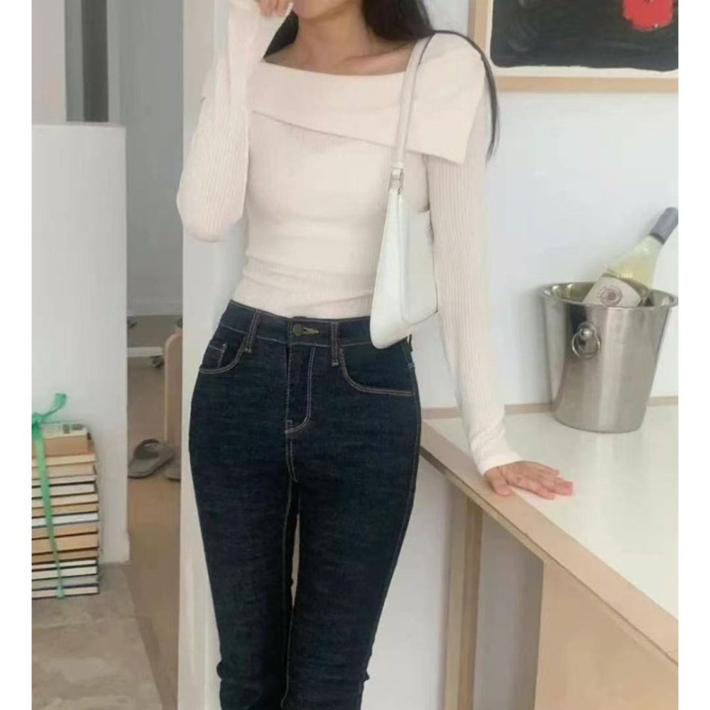 VENUSY｜ 韓國女裝｜螺紋針織船領修身上衣-細節圖8