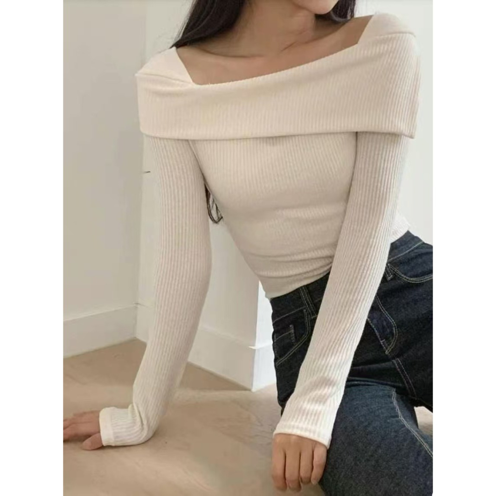 VENUSY｜ 韓國女裝｜螺紋針織船領修身上衣-細節圖9