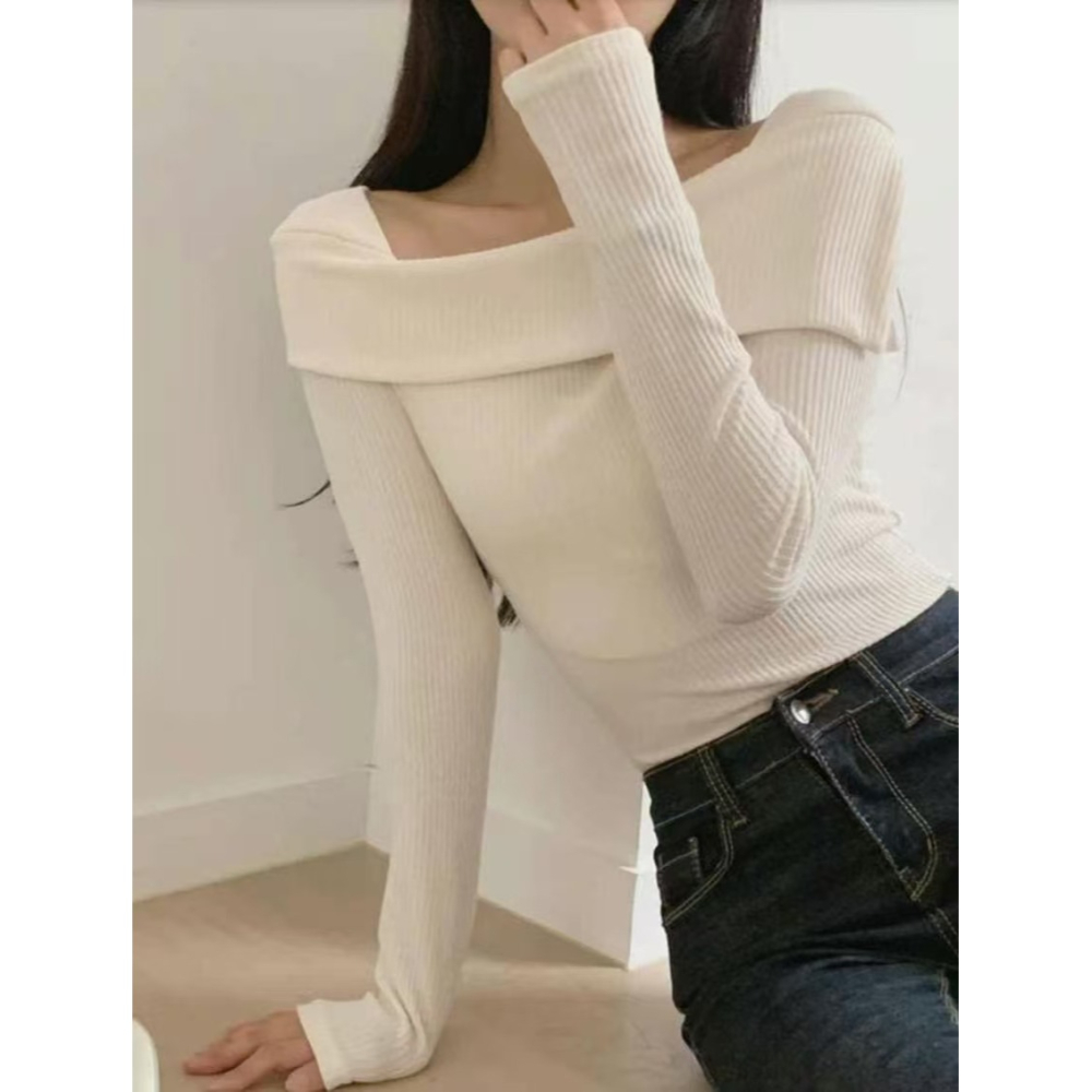 VENUSY｜ 韓國女裝｜螺紋針織船領修身上衣-細節圖10