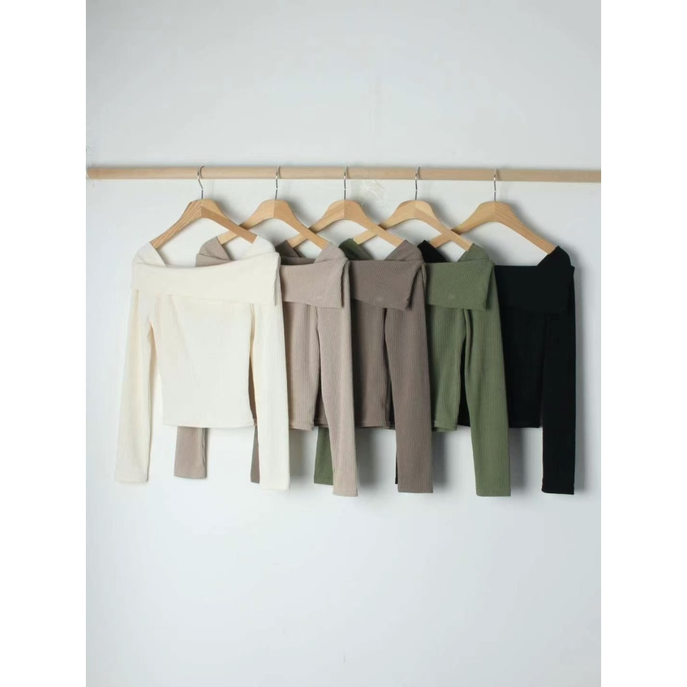 VENUSY｜ 韓國女裝｜螺紋針織船領修身上衣-細節圖11