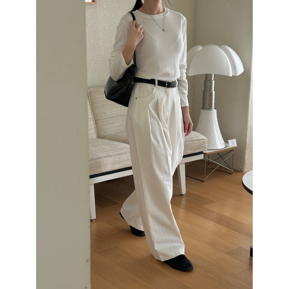 VENUSY｜ 質感歐逆✔ 韓國女裝｜純棉針摺拖地寬褲-細節圖2