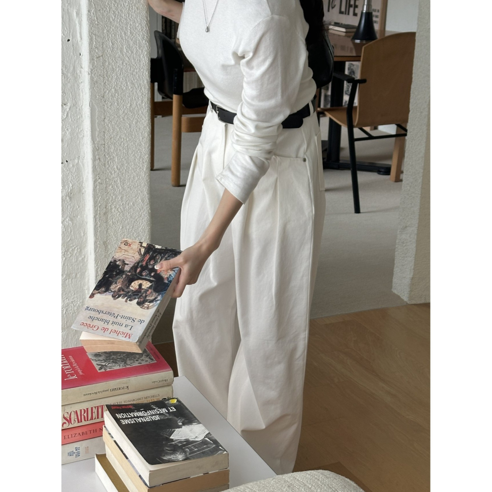 VENUSY｜ 質感歐逆✔ 韓國女裝｜純棉針摺拖地寬褲-細節圖3