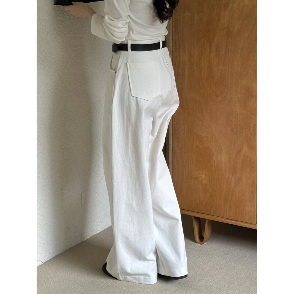 VENUSY｜ 質感歐逆✔ 韓國女裝｜純棉針摺拖地寬褲-細節圖5