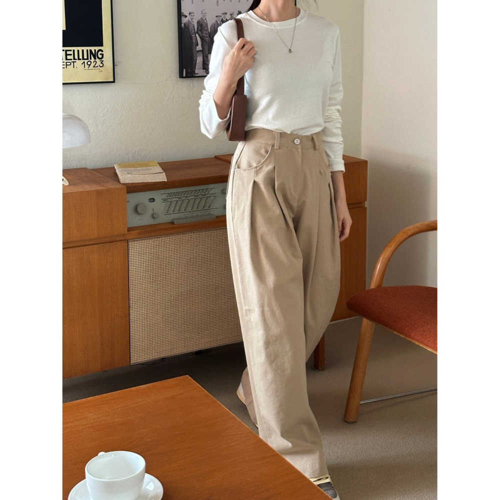 VENUSY｜ 質感歐逆✔ 韓國女裝｜純棉針摺拖地寬褲-細節圖6