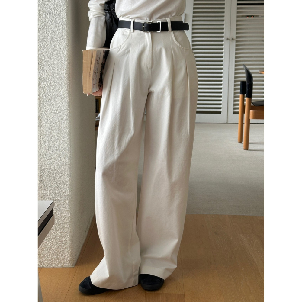 VENUSY｜ 質感歐逆✔ 韓國女裝｜純棉針摺拖地寬褲-細節圖7