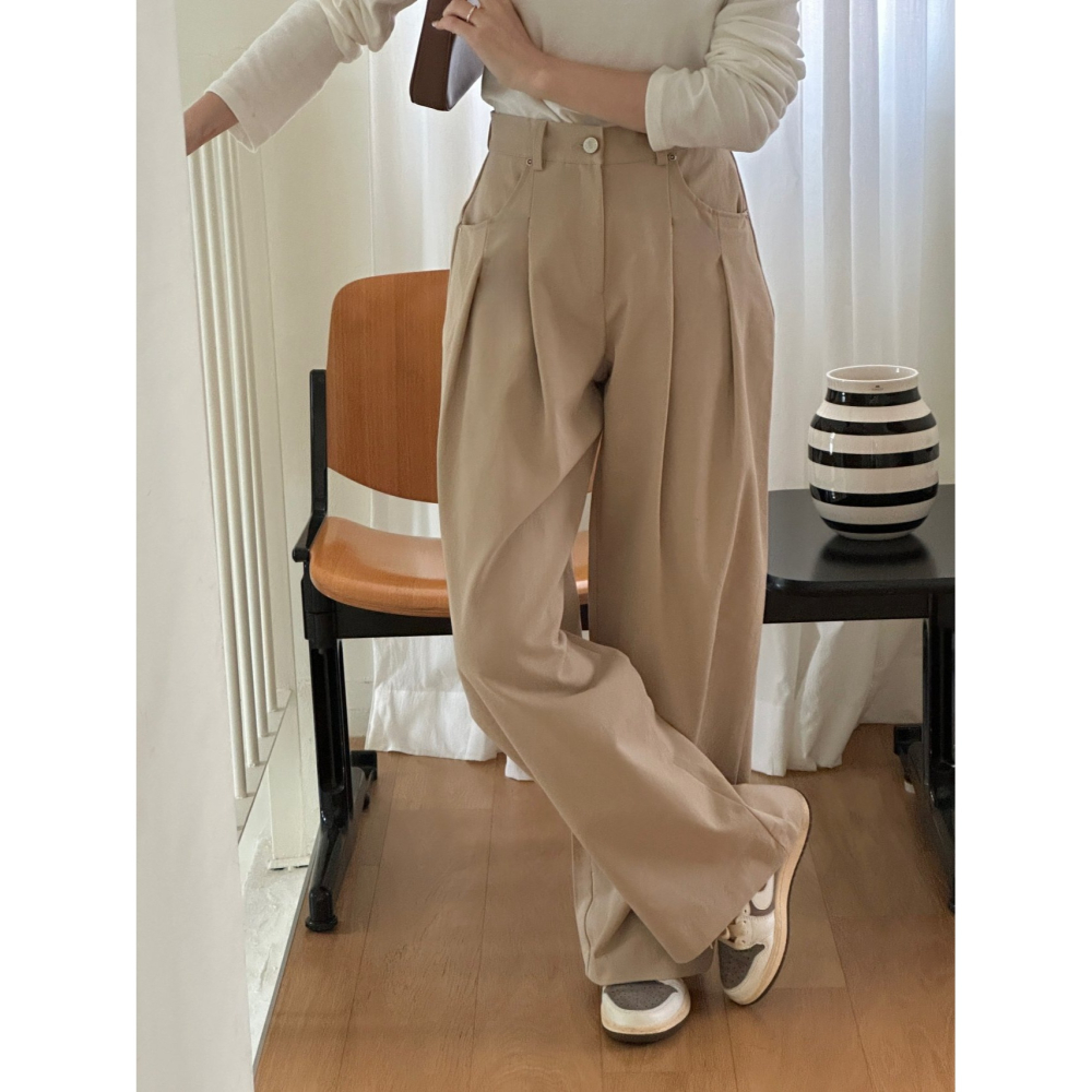 VENUSY｜ 質感歐逆✔ 韓國女裝｜純棉針摺拖地寬褲-細節圖8