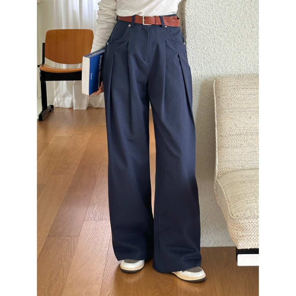 VENUSY｜ 質感歐逆✔ 韓國女裝｜純棉針摺拖地寬褲-細節圖9