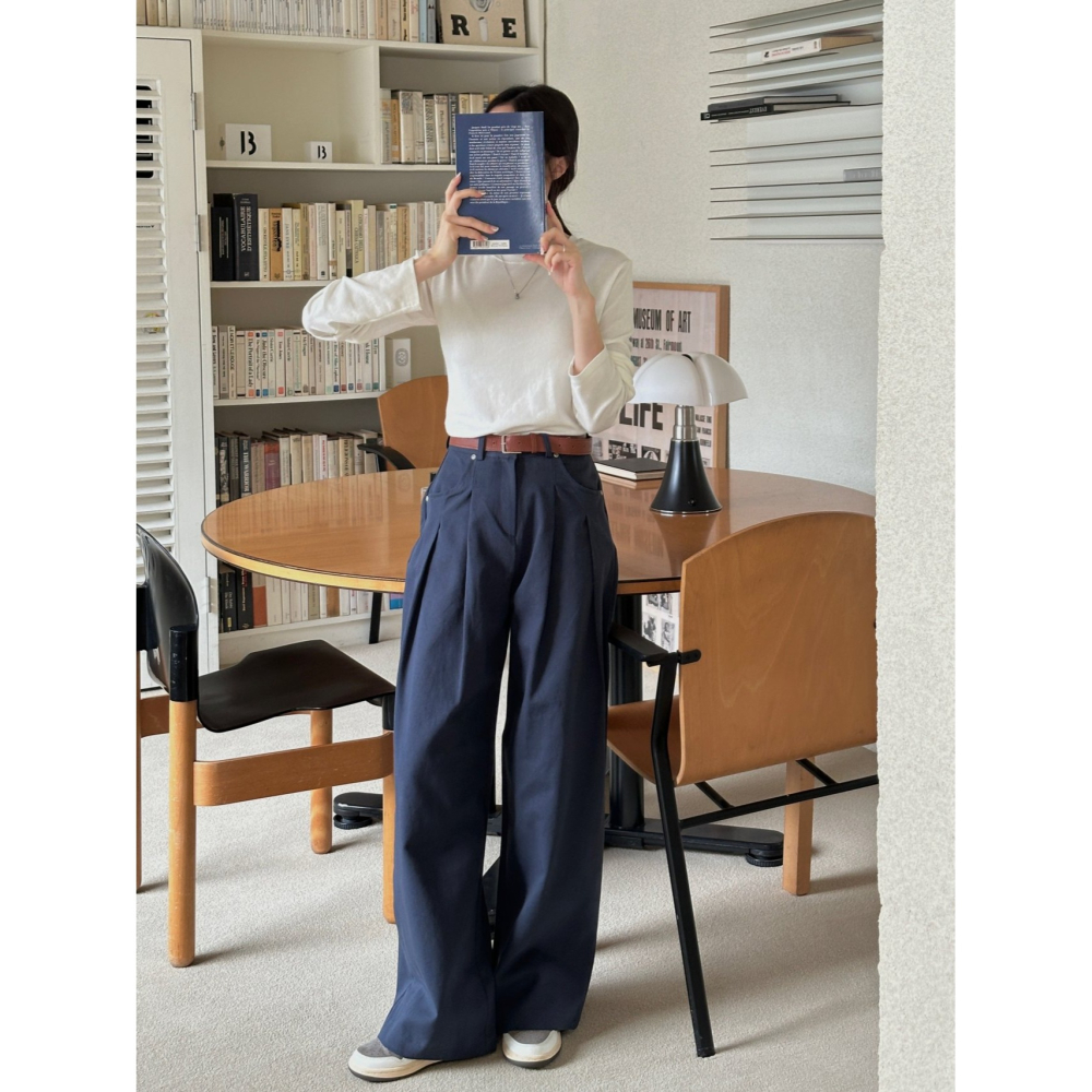 VENUSY｜ 質感歐逆✔ 韓國女裝｜純棉針摺拖地寬褲-細節圖10