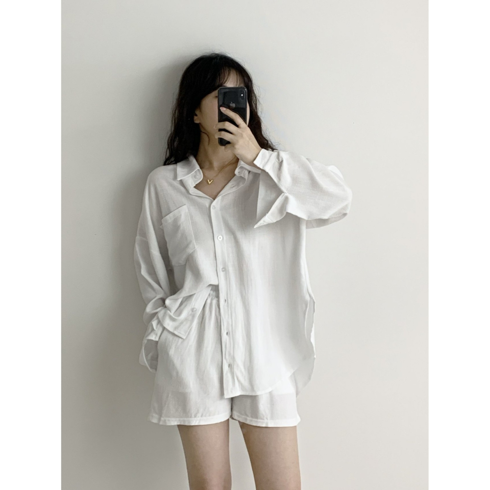 VENUSY｜ 韓國女裝｜亞麻襯衫 韓國襯衫短褲套裝-細節圖2