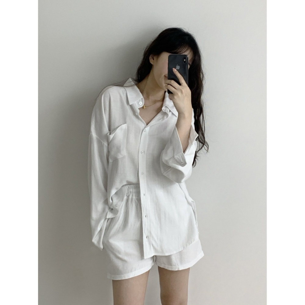 VENUSY｜ 韓國女裝｜亞麻襯衫 韓國襯衫短褲套裝-細節圖3