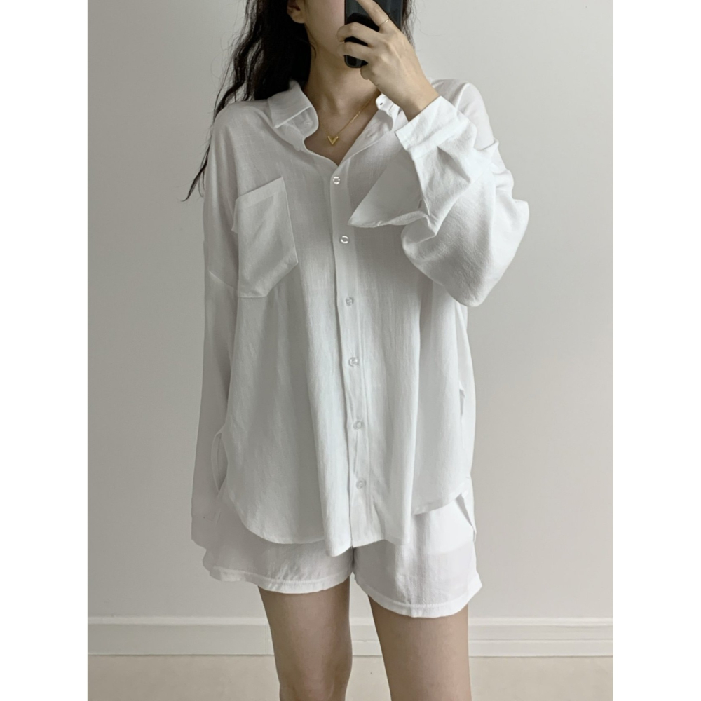 VENUSY｜ 韓國女裝｜亞麻襯衫 韓國襯衫短褲套裝-細節圖4