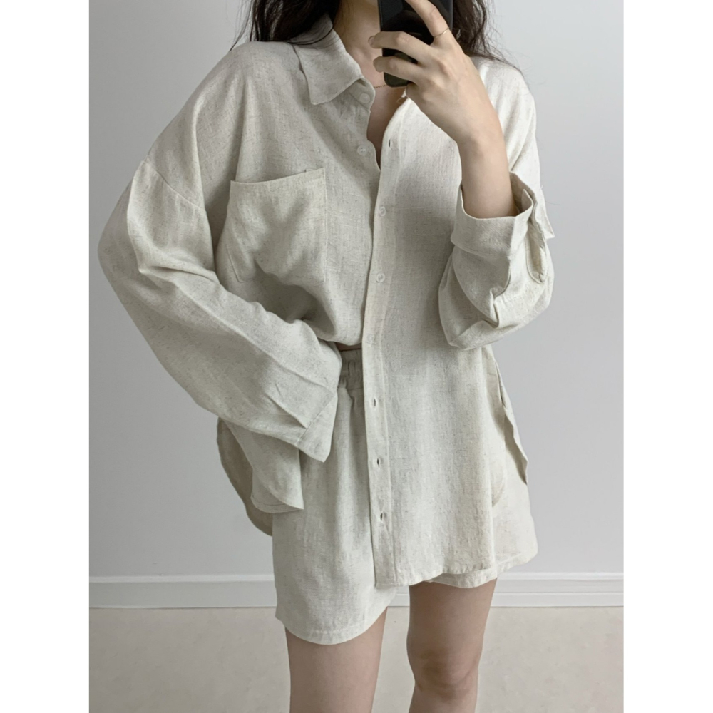 VENUSY｜ 韓國女裝｜亞麻襯衫 韓國襯衫短褲套裝-細節圖5