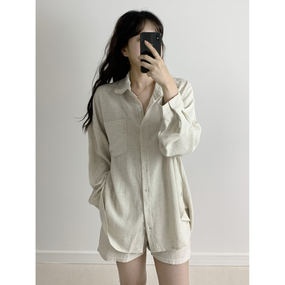 VENUSY｜ 韓國女裝｜亞麻襯衫 韓國襯衫短褲套裝-細節圖6