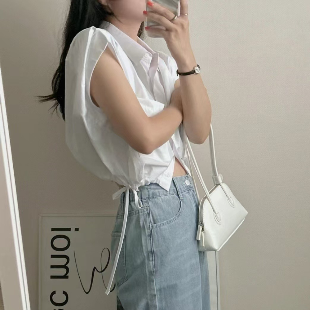 VENUSY｜ 韓國女裝｜純棉摺袖短版襯衫 韓國襯衫-細節圖2