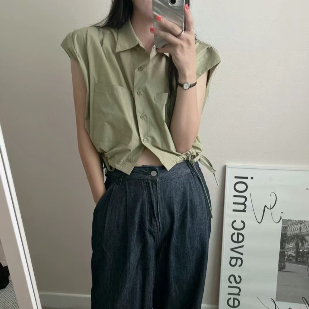 VENUSY｜ 韓國女裝｜純棉摺袖短版襯衫 韓國襯衫-細節圖3