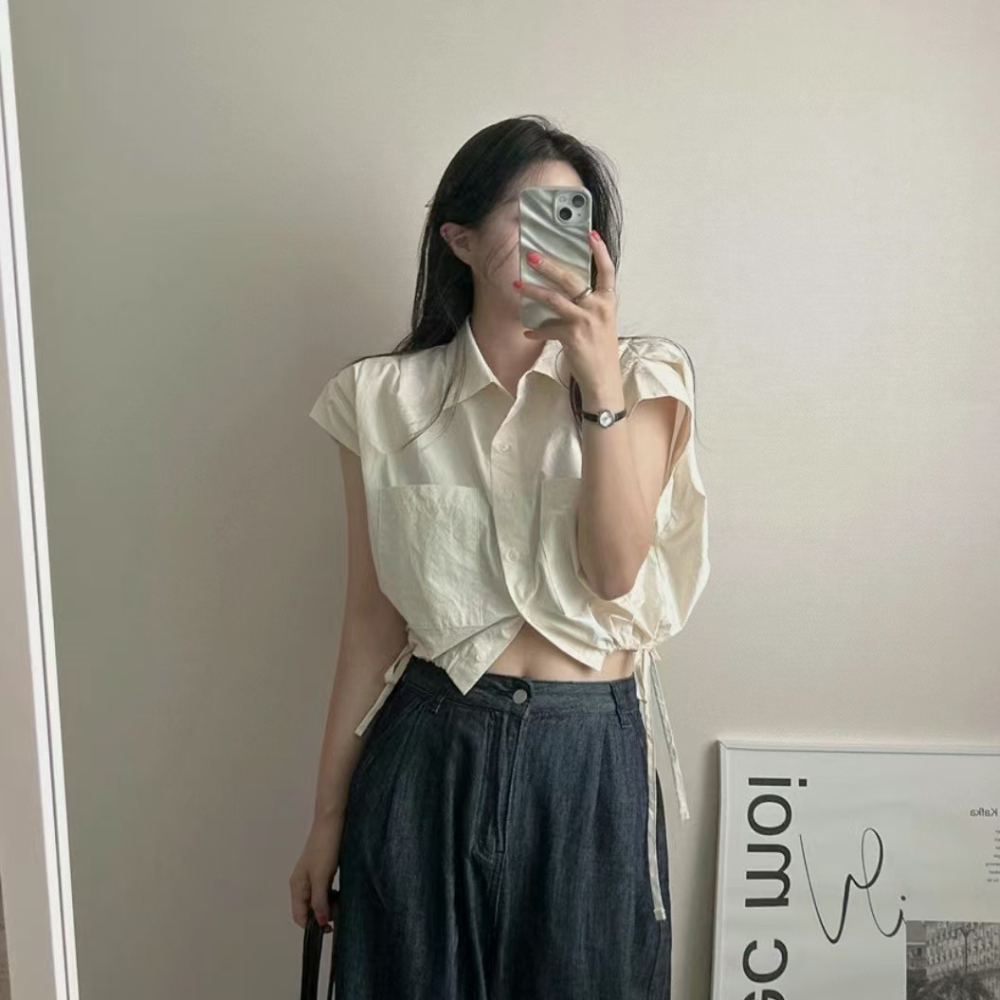 VENUSY｜ 韓國女裝｜純棉摺袖短版襯衫 韓國襯衫-細節圖4